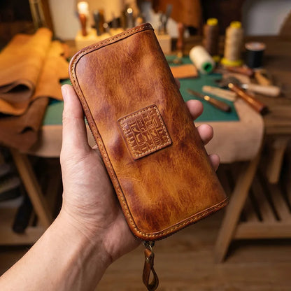 YETTIES Men's Vegetable Tanned Leather Long Clutch Wallet Large Capacity Multi-Function Document Vintage Business Handheld Purse