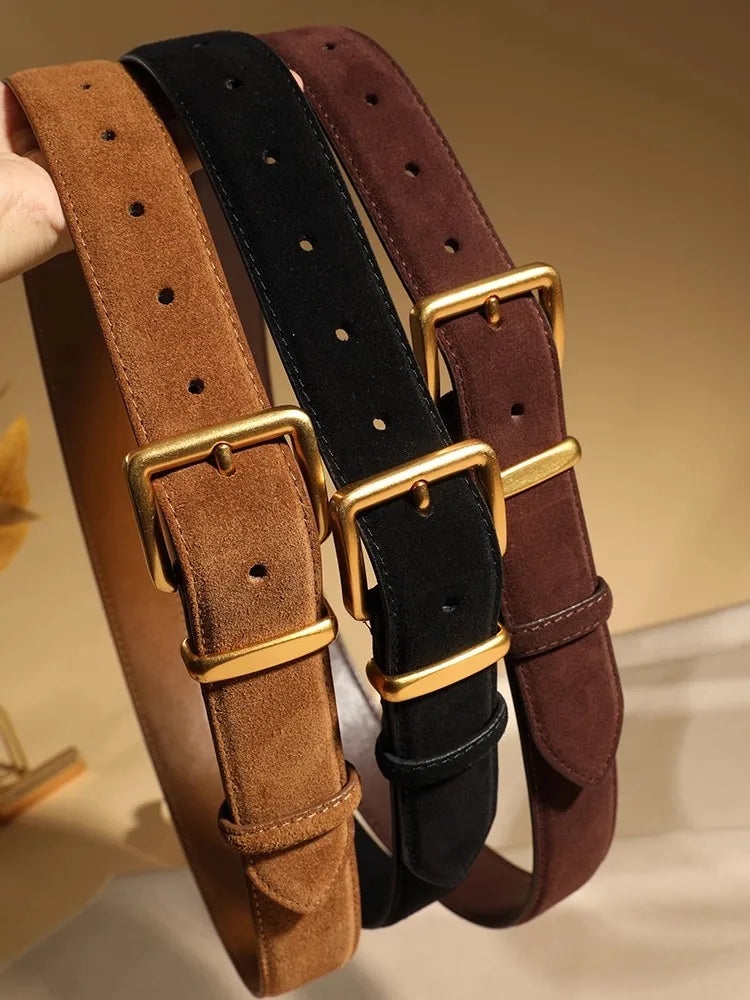 Fashion Suede Cowhide Womens Belts Genuine Leather Luxury Designer Belt Slim Waist Dresses Jeans Girdle