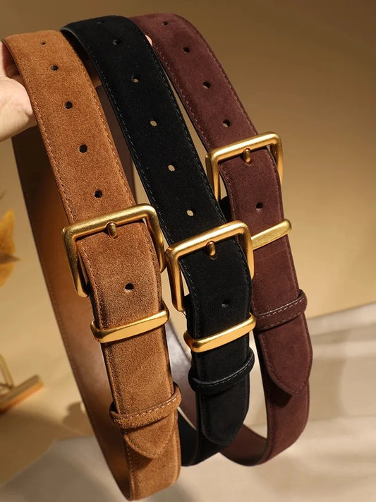 Fashion Suede Cowhide Womens Belts Genuine Leather Luxury Designer Belt Slim Waist Dresses Jeans Girdle