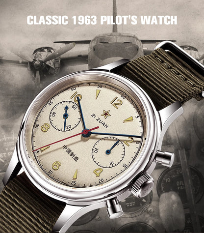 Red Star Retro 1963 Chronograph ST1901 Hand Winding Movement Air Force Pilots Aviation Sapphire Men Mechanical Watch Waterproof