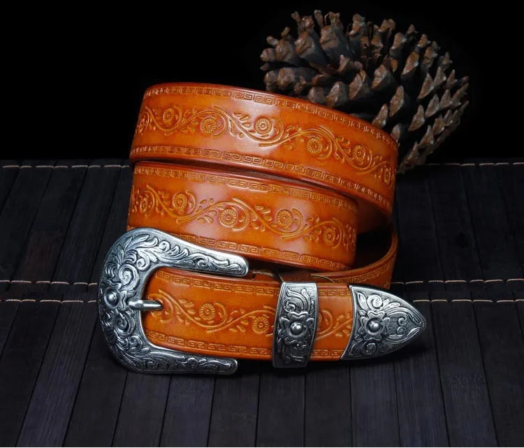 High Quality Court Style Embossed Western Cowboy Steel Buckle Belt Genuine Leather Designer Men Belt Punk Jeans Belts For Men