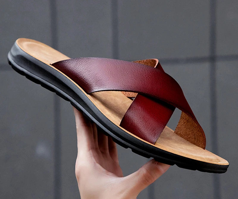 Men Summer Shoes Italian Leather Slippers Outdoor Men High Quality Big Size 38-47 Beach Flip Flops Slip on Men's Sandals MSH038