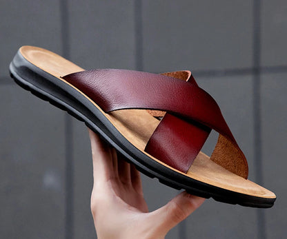 Men Summer Shoes Italian Leather Slippers Outdoor Men High Quality Big Size 38-47 Beach Flip Flops Slip on Men's Sandals MSH038
