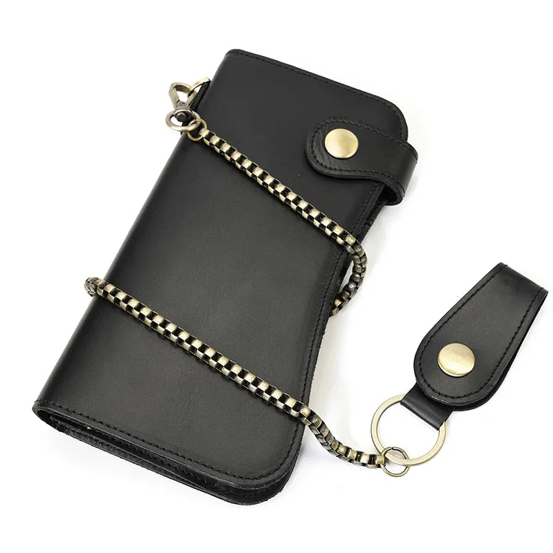 Men's Genuine Leather Wallet Chain Snap Bifold Purse Crazy Horse Leather Card Case Phone Card Holder Clutch Dragon Wallet