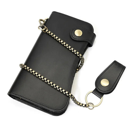 Men's Genuine Leather Wallet Chain Snap Bifold Purse Crazy Horse Leather Card Case Phone Card Holder Clutch Dragon Wallet