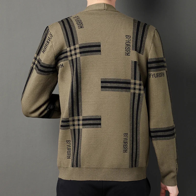 Autumn and Winter Men's Fashion Casual Wide Stripe Knitted Cardigan Simple Coat Plaid Dress British Long Sleeve Tops