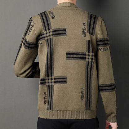 Autumn and Winter Men's Fashion Casual Wide Stripe Knitted Cardigan Simple Coat Plaid Dress British Long Sleeve Tops