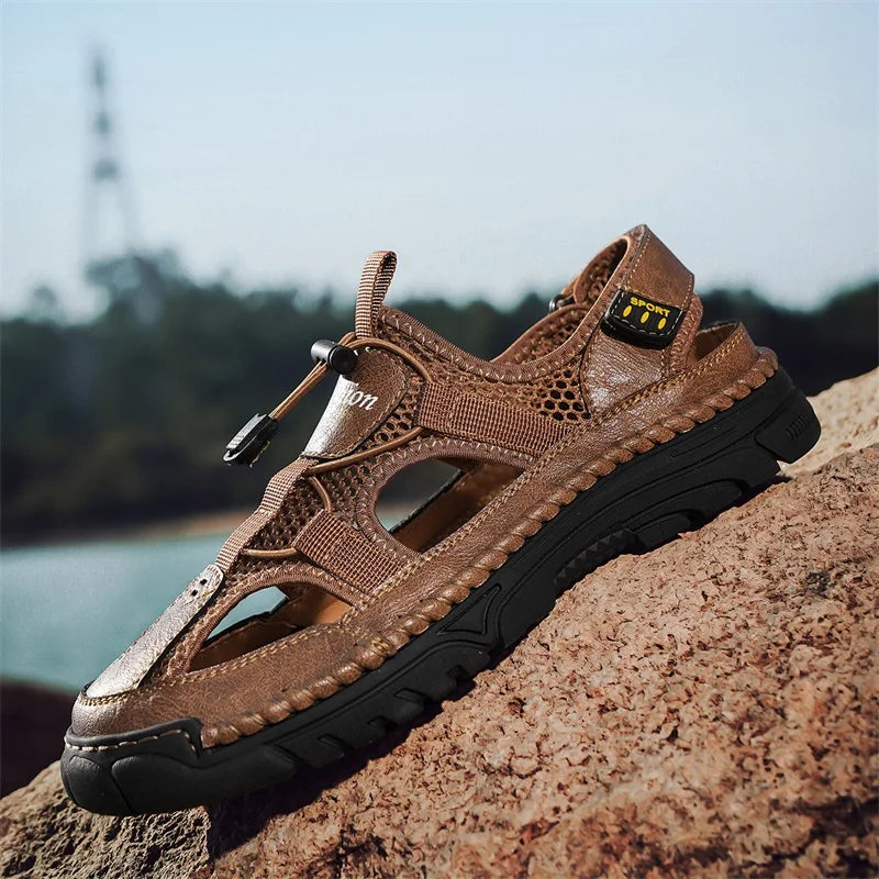 Men's Handmade Simple Letter-Print Sandals, Summer Beach Hollow Sandals, Fashionable Velcro Men's Shoes, Outdoor Hiking and River-Tracing Shoes, Comfortable, Breathable, Wear-Resistant, Non-Slip, Large Size Men's Shoes
