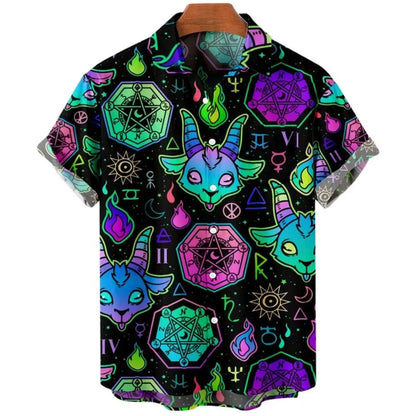 Summer New Retro Men's Shirt Devil Horror Skull Short Sleeve Shirt Collar 3D Printing