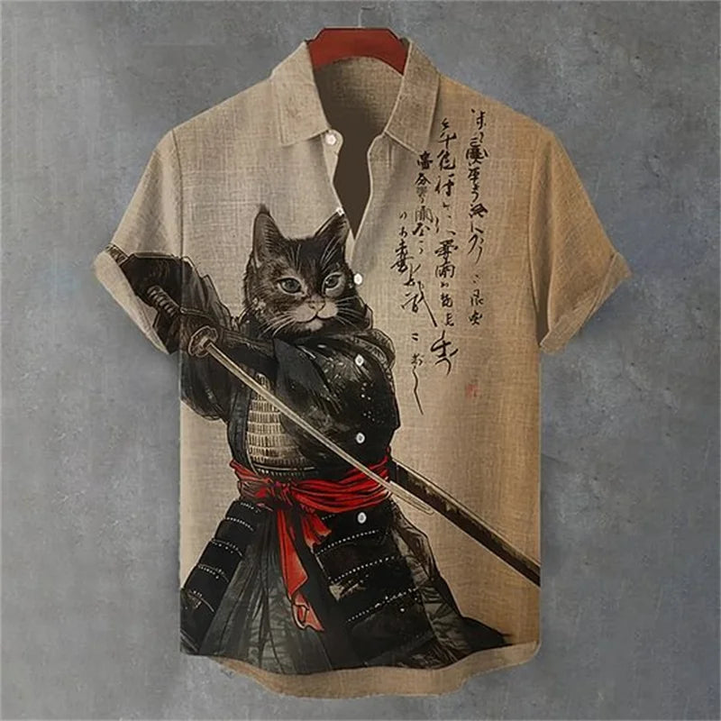 Men's Cat Patterned Black Crane Short Sleeved Shirt, Linen Retro Green Top, Fashionable Lapel Top, Retro Art