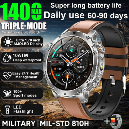 Newly Durable 1400mAh Large Battery Smart Watch Men 1.7" HD Screen IP68K Waterproof LED Flashlight Sports BT Call Smart Bracelet