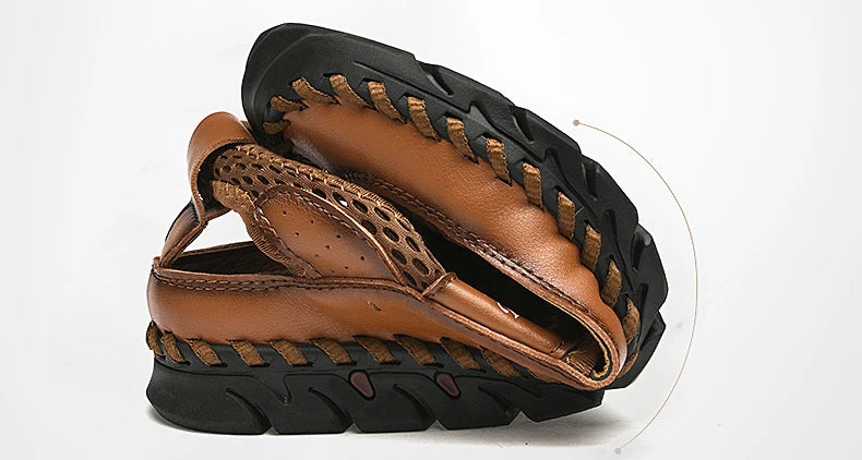 Summer Sandals Breathable Men Shoes Leather & Mesh Outdoor Men Sandals Antiskid Beach Sandals Hollow Flats Footwear Handmade New