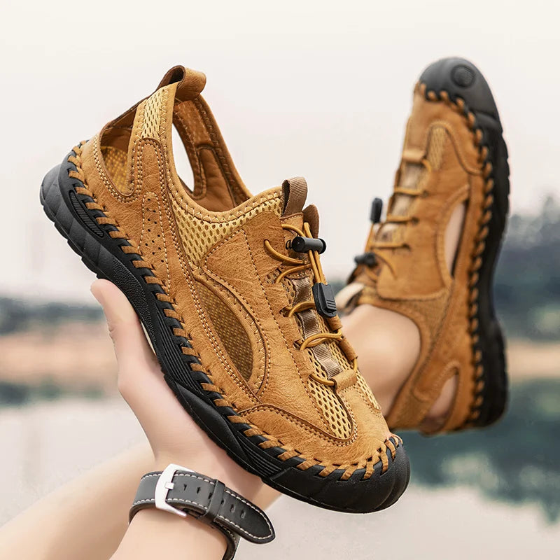 Summer Men Full Casual Leather Hand Stitch Big Size Outdoor Beach Sandals Closed Toe Non Slip Comfort New Summer Walking Shoes