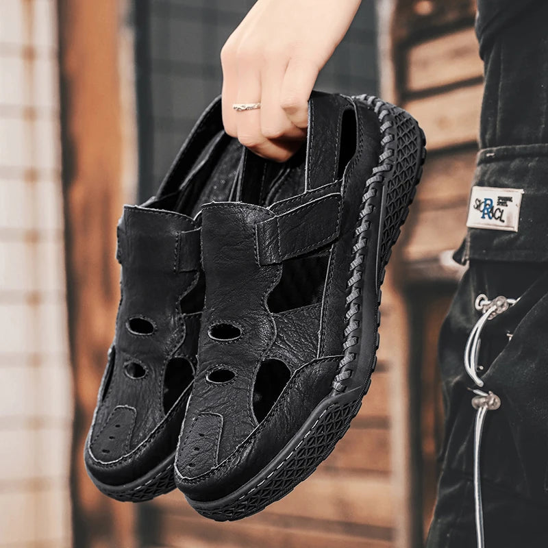 Male Casual Leather Summer Shoes Versatile Men's Sandals Durable Handmade Stitching Besch Shoes Non Slip Roma Footwear Sandals