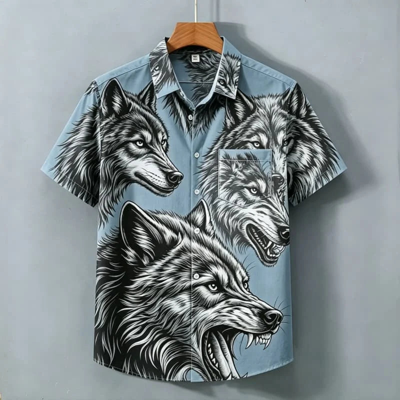 Men's Domineering Wolf Head Printed Short Sleeved Shirt with Wild Style and Personality Suitable for Street Shirts