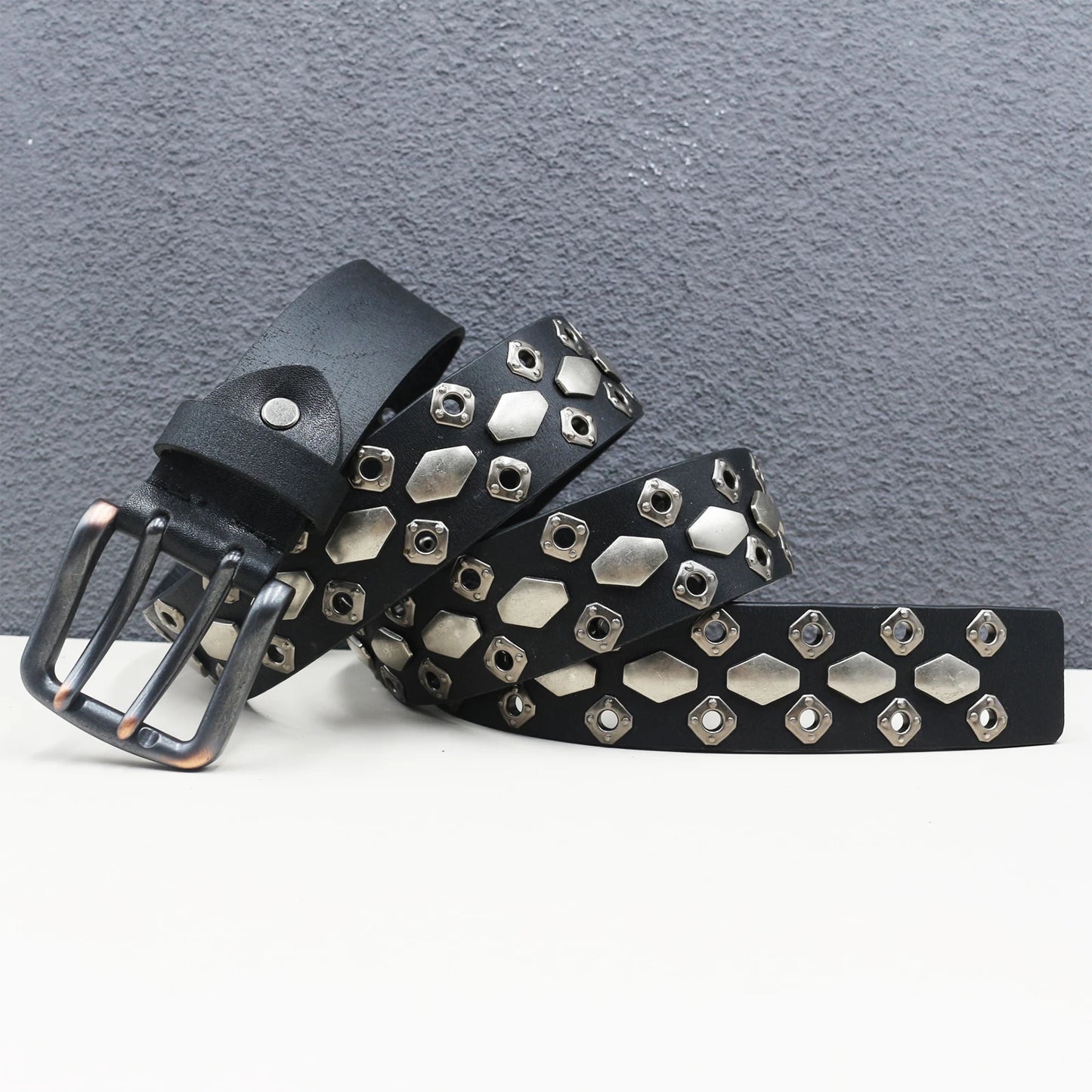Rock Genuine Leather Luxury Punk Belt Jeans Heavy duty Hollow manual  Designer Brand Belt Men Rivet Three-pin buckle Belt Male