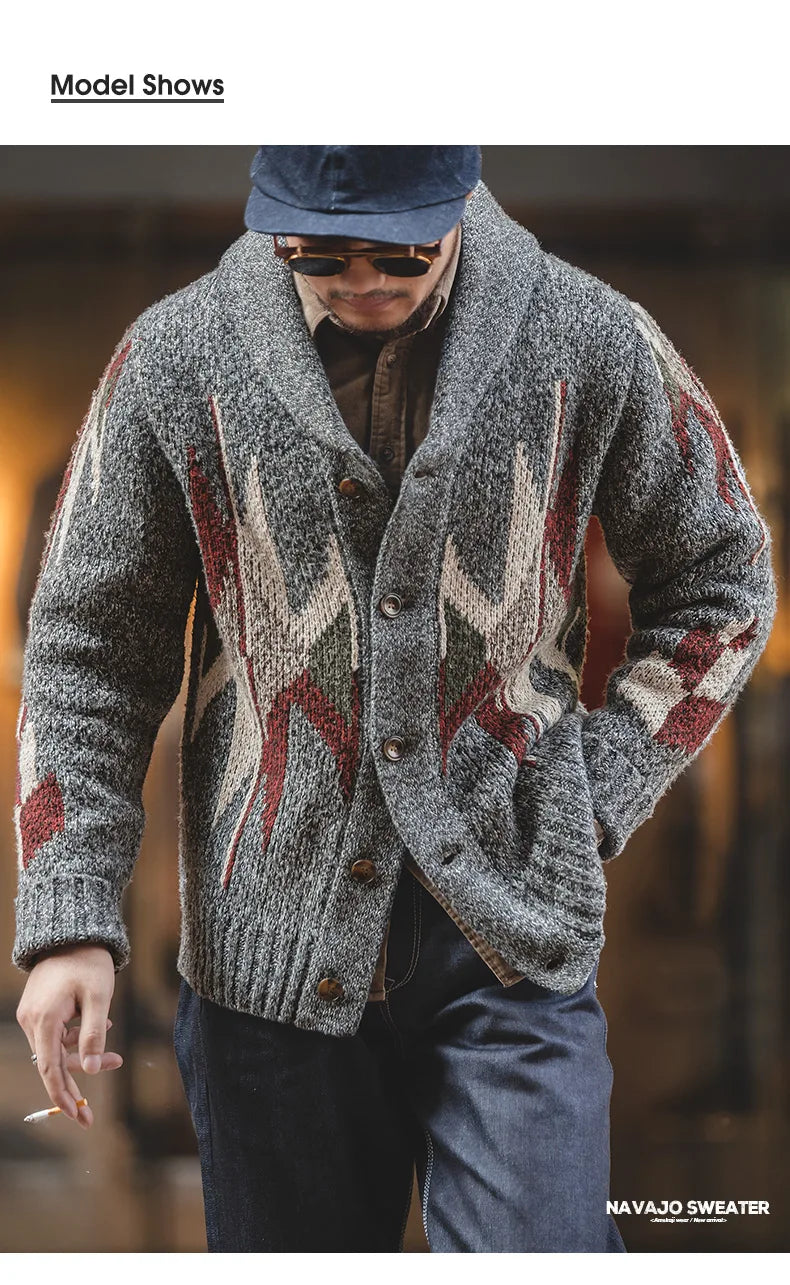 Maden Knitted Vintage Cardigan Men Sweater Indiana Thick Knit Oversized Streetwear Geometric Trend V-neck Christmas Knit Coats