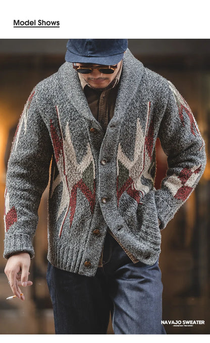 Maden Knitted Vintage Cardigan Men Sweater Indiana Thick Knit Oversized Streetwear Geometric Trend V-neck Christmas Knit Coats