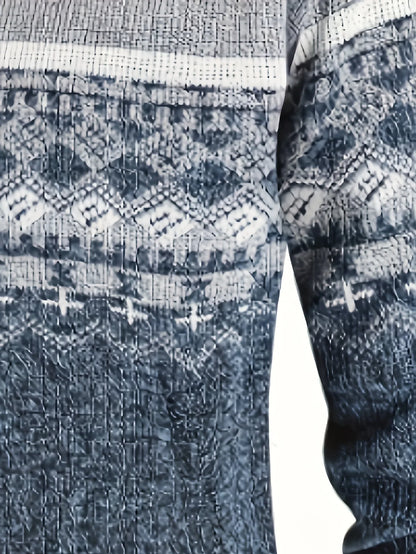 Men's Zip Up Fair Isle Cardigan Sweater Warm Knit Jacquard Stand Collar Casual Winter Pullover with Thermal Lining