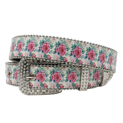 Rhinestone belt B&B style blue print pattern Women's Jeans Rhinestone Belt Men's Belt Western Denim Leather HipHop Rock