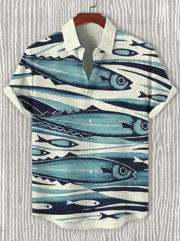 Summer Men's Casual Sea Life Graphic Short Sleeved Shirt Button Down Lapel Shirts Oversized Tops Casual Hawaiian Shirt for Men