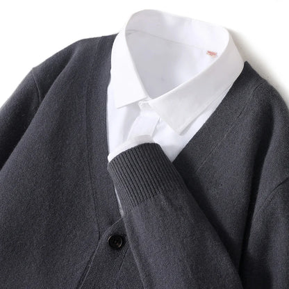 100% Pure Wool Sweater Autumn Winter New Men's Cardigan V-Neck Buckle Jacket Loose Casual Cashmere Knitted Sweater Long Sleeveds