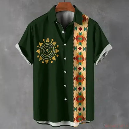 2026 Summer Men's Short-Sleeve Shirt, Coconut Tree Print, Color-Blocked Placket, Casual Vacation Beach Shirt, Hawaiian Shirt