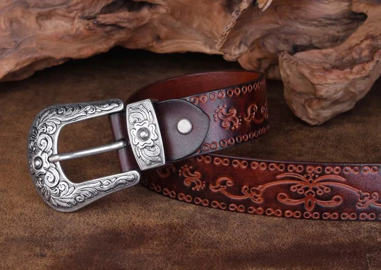 High Quality Court Style Embossed Western Cowboy Steel Buckle Belt Genuine Leather Designer Men Belt Punk Jeans Belts For Men