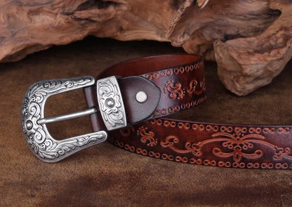 High Quality Court Style Embossed Western Cowboy Steel Buckle Belt Genuine Leather Designer Men Belt Punk Jeans Belts For Men