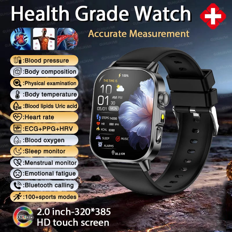 2026 Top Nursing Grade ECG+PPG Smart Watch Men Accurate Blood Pressure Lipids Uric Acid 2.0-inch AMOLED Screen HD Call Watch Men