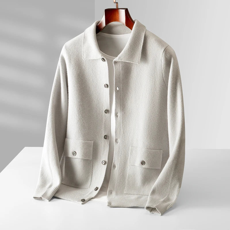 Autumn And Winter 100% Cashmere Cardigan Men's POLO Collar Coat Knitted Baseball Uniform Jacket Bottoming Wool Sweater
