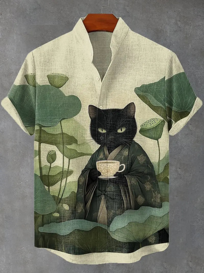 Men's Edo Cat Samurai Warrior Japanese Art Anime Shirts 3D Print Casual Hawaiian Shirts Summer Men Women Short Sleeve Blouse Top