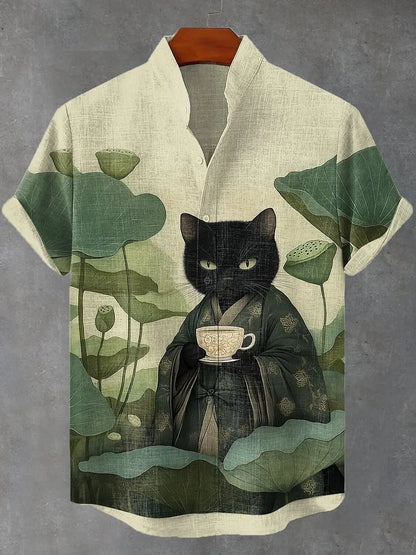 Men's Edo Cat Samurai Warrior Japanese Art Anime Shirts 3D Print Casual Hawaiian Shirts Summer Men Women Short Sleeve Blouse Top