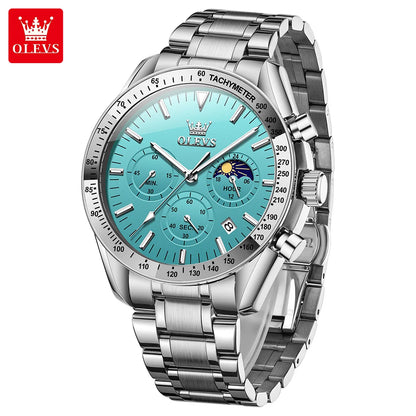 OLEVS 3618 Waterproof Luminous Date Moon Chronograph Wristwatches Mens Luxury Stainless Steel Quartz Watch for Men Reloj Hombre