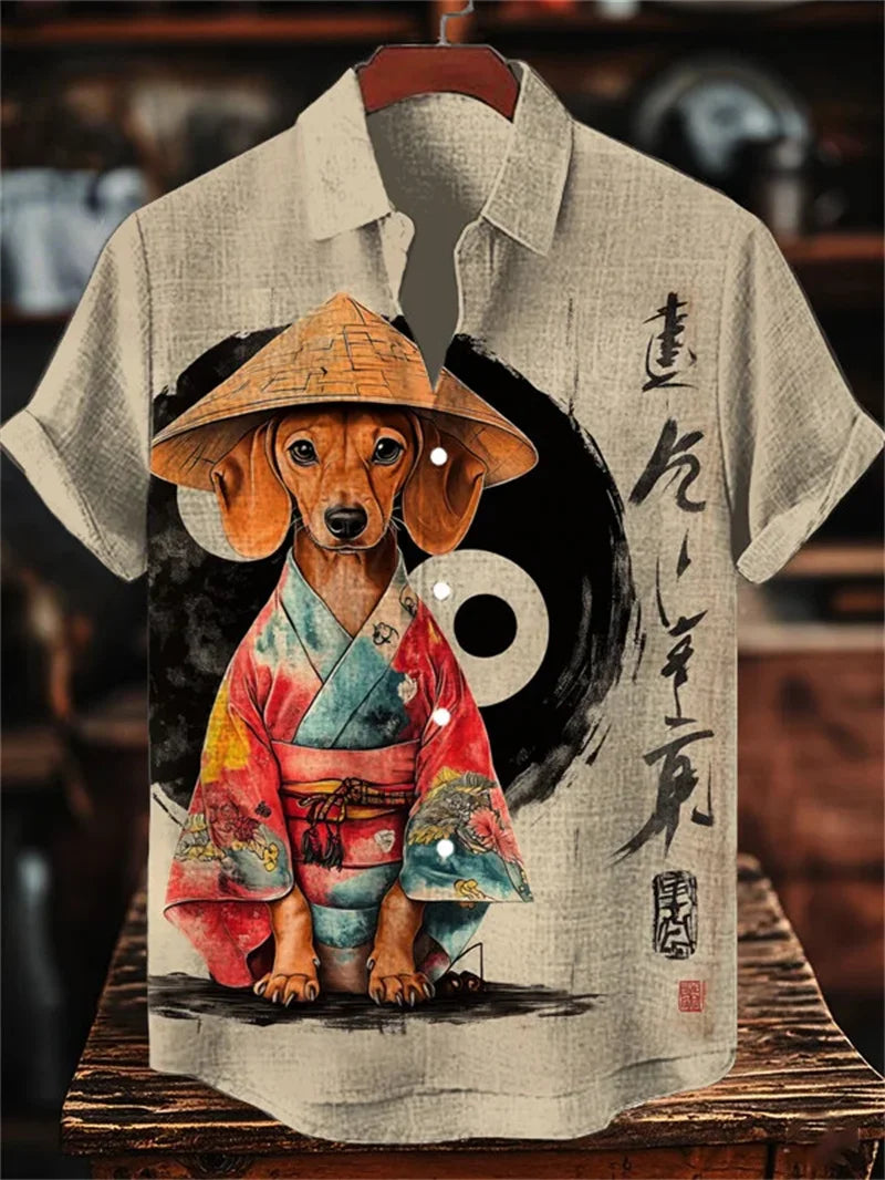 Men's Cat Patterned Black Crane Short Sleeved Shirt, Linen Retro Green Top, Fashionable Lapel Top, Retro Art