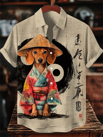 Men's Cat Patterned Black Crane Short Sleeved Shirt, Linen Retro Green Top, Fashionable Lapel Top, Retro Art