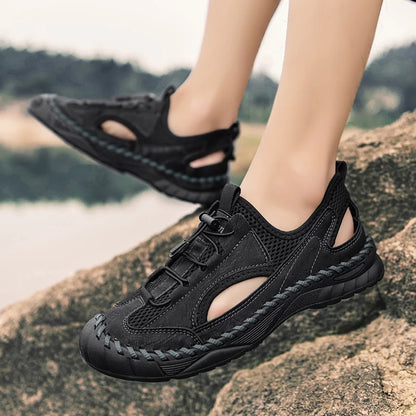 Summer Men Full Casual Leather Hand Stitch Big Size Outdoor Beach Sandals Closed Toe Non Slip Comfort New Summer Walking Shoes