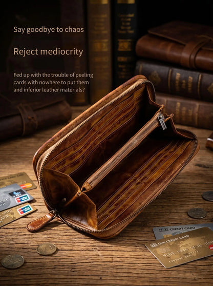 YETTIES Men's Vegetable Tanned Leather Long Clutch Wallet Large Capacity Multi-Function Document Vintage Business Handheld Purse