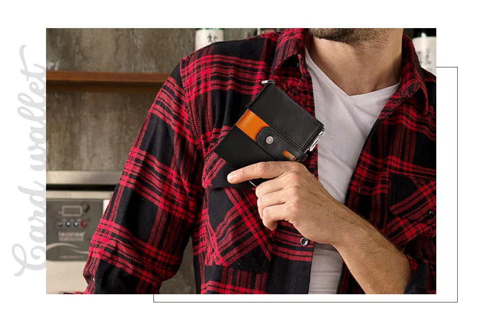 HUMERPAUL Genuine Leather Men's Wallet Fashion Quality Travel Purse Rfid Protect Credit Card Holder Wollst for Men with Chain