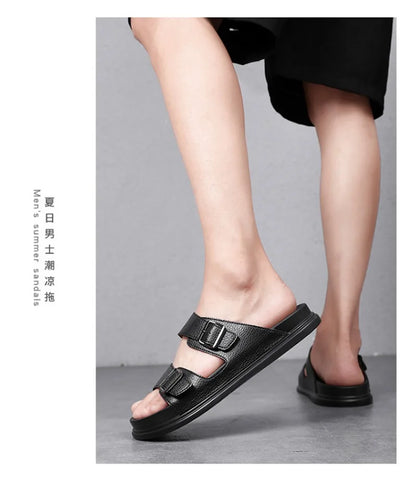 Summer Men's Slippers High Quality Cow Leather Sandals Outdoor Non Slip Platform Sandals Comfort Casual Slippers for Men Slides