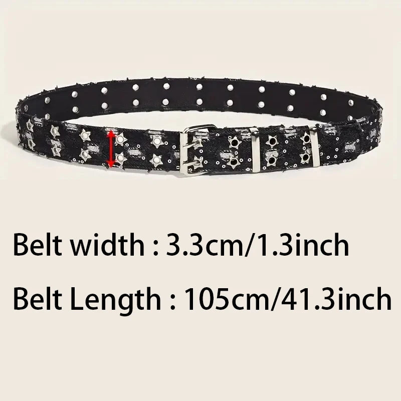 1Pc Fashion Luxury Belt Black Punk Accessories Blue Denim Girdle HipHop Y2k Star Hollowed Pin Buckle Waistband，For Men Women