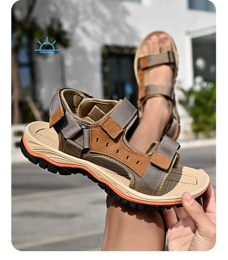 Summer Men's Genuine Leather Sandals Outdoor Roman Sandals Beach Anti slip Casual Lightweight Open Toe Boys' Sports Sandals