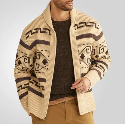 Men's Geometric Knit Cardigan Shawl Collar Full Zip-Up Tribal Print Sweater Chunky Ribbed Knit Vintage Navajo-Inspired Jacket