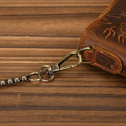 Men's Genuine Leather Wallet Chain Snap Bifold Purse Crazy Horse Leather Card Case Phone Card Holder Clutch Dragon Wallet