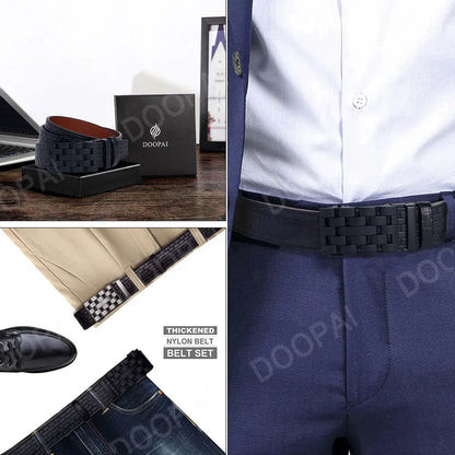 2023 Men Belt Metal Luxury Brand Automatic Buckle Plaid Genuine Leather Belts for Men Waist Strap Black Male