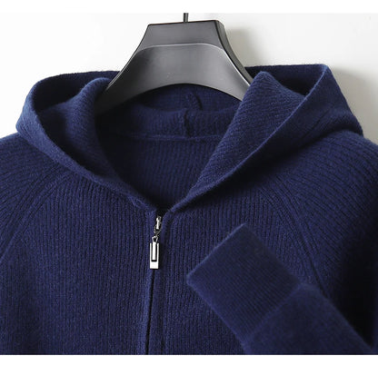 Men 100% Merino Wool Sweater Hooded Zipper Cardigan Autumn Winter Thickened Knit Large-size Jacket Long Sleeved Sportswear Coat