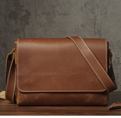 NUKA Men's Genuine Leather Shoulder Bag Retro Original Cowhide Horizontal Crossbody Deluxe Flap Messenger Bags For 11 Inch Ipad