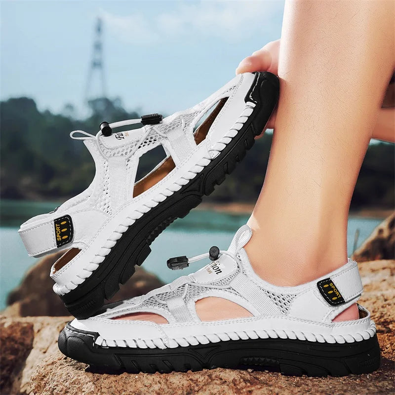 Men's Handmade Simple Letter-Print Sandals, Summer Beach Hollow Sandals, Fashionable Velcro Men's Shoes, Outdoor Hiking and River-Tracing Shoes, Comfortable, Breathable, Wear-Resistant, Non-Slip, Large Size Men's Shoes