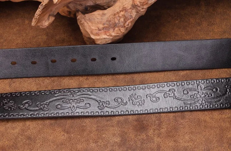 High Quality Court Style Embossed Western Cowboy Steel Buckle Belt Genuine Leather Designer Men Belt Punk Jeans Belts For Men