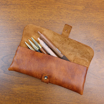 Genuine Leather Men Pencil Bag Handmade Wallet Large Capacity Retro Glasses Storage Bag Stationery Pencil Case Unisex Purses